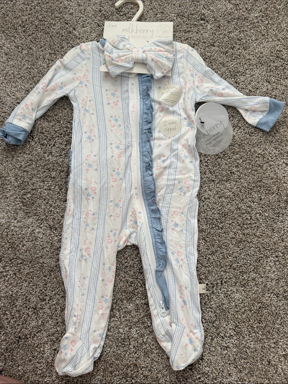 Milkberry Baby Floral Blue Stripe Footed One-Piece